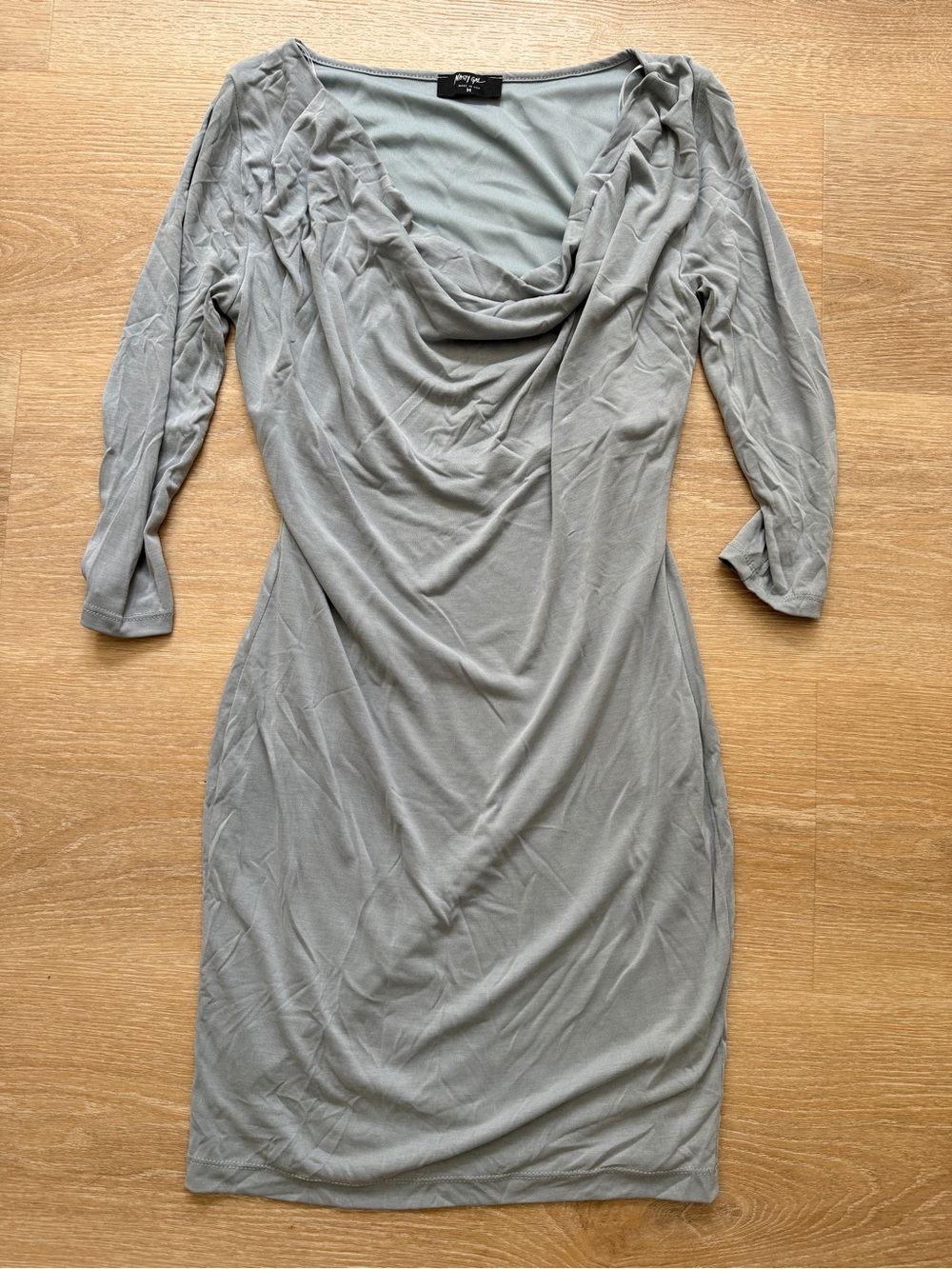 Nasty Gal Blue/Gray Cowl Neck Stretchy Fitted Dress with 3/4 Sleeves